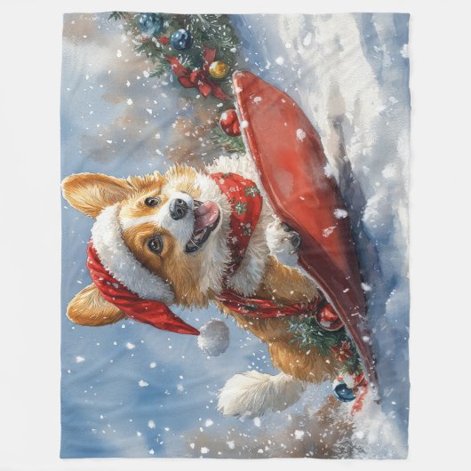 コーギー犬のそり乗り Let it Snow クリスマス フリースブランケット (正面)