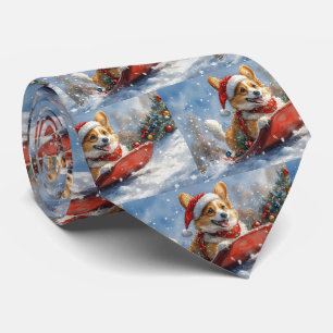 コーギー犬のそり雪景色 クリスマス ネクタイ