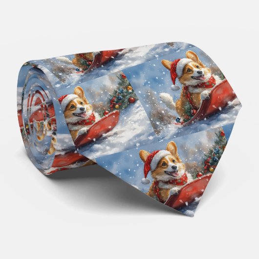コーギー犬のそり雪景色 クリスマス ネクタイ (ロール)