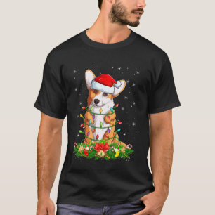 コーギー犬のクリスマスイルミネーション 滑稽なサンタ帽子 クリスマス Tシャツ