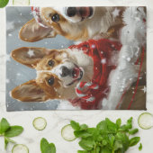 コーギー犬のクリスマスフェスティブデザイン キッチンタオル (折り畳み)