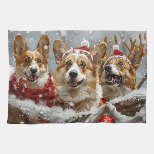 コーギー犬のクリスマスフェスティブデザイン キッチンタオル (横)