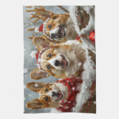 コーギー犬のクリスマスフェスティブデザイン キッチンタオル (縦)
