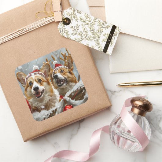 コーギー犬のクリスマス スクエアシール (ギフト)