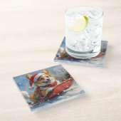 コーギー犬のスレッジと雪のクリスマス ガラスコースター (アングル)