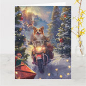 コーギー犬のバイク乗りクリスマス カード (黄色い花)