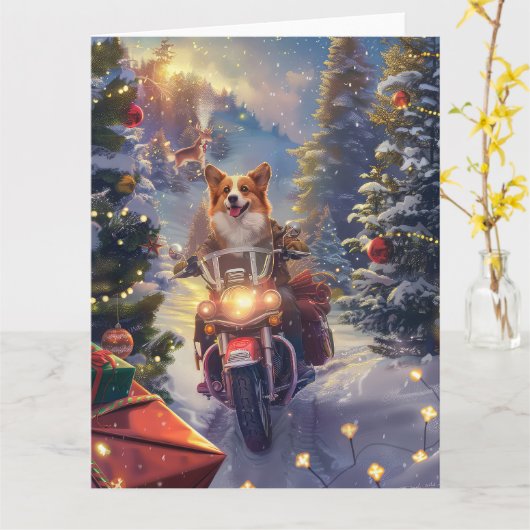 コーギー犬のバイク乗りクリスマス カード (黄色い花)