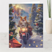コーギー犬のバイク乗りクリスマス カード (正面)