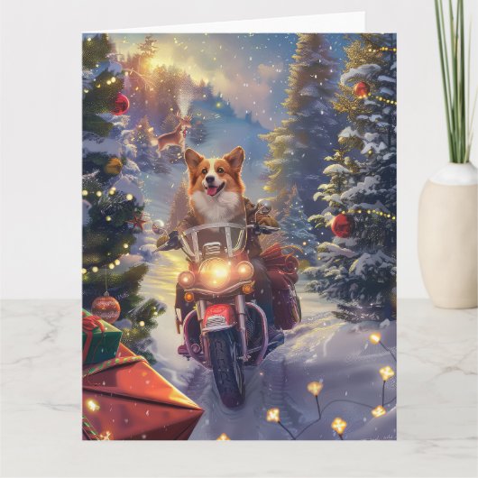 コーギー犬のバイク乗りクリスマス カード (正面)