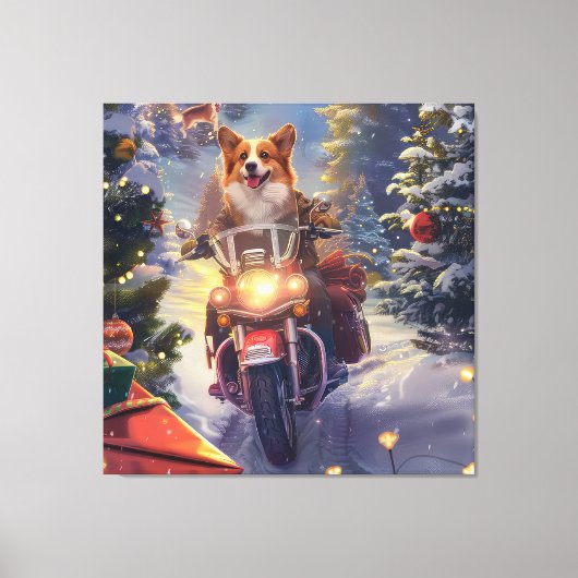 コーギー犬のバイク乗りクリスマス キャンバスプリント (正面)