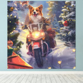 コーギー犬のバイク乗りクリスマス キャンバスプリント (インサイチュ (ウッドフロア))