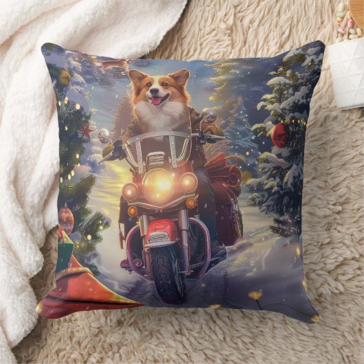 コーギー犬のバイク乗りクリスマス クッション (ブランケット)
