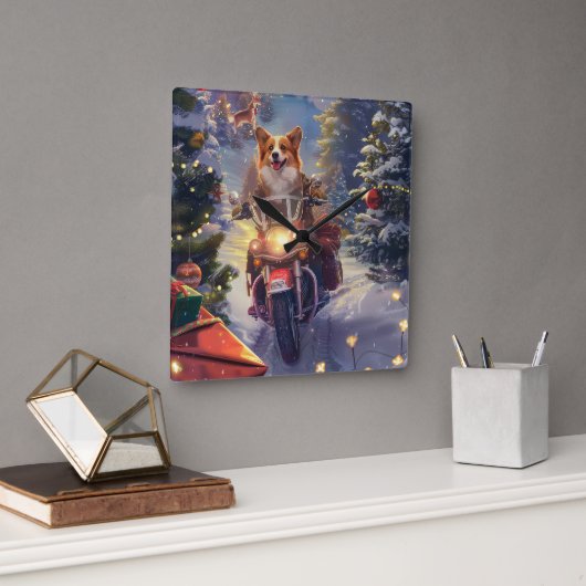 コーギー犬のバイク乗りクリスマス スクエア壁時計 (オフィス)