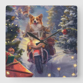 コーギー犬のバイク乗りクリスマス スクエア壁時計 (正面)