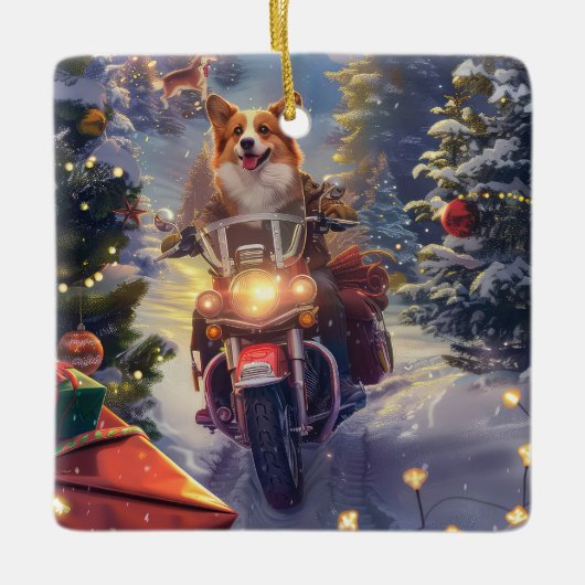 コーギー犬のバイク乗りクリスマス セラミックオーナメント (正面)