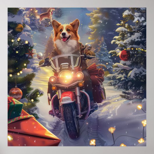 コーギー犬のバイク乗りクリスマス ポスター (正面)