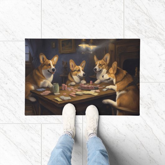 コーギー犬のポーカーアート ドアマット (室内)