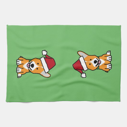 コーギー犬の子犬のペンブロークのウェールズのクリスマスのサンタの帽子 キッチンタオル (横)