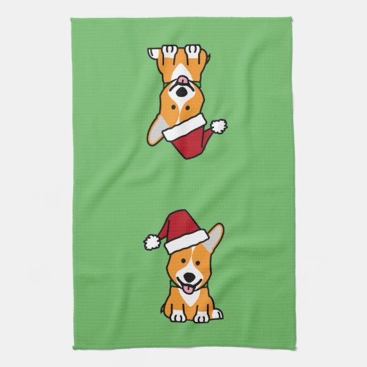 コーギー犬の子犬のペンブロークのウェールズのクリスマスのサンタの帽子 キッチンタオル (縦)
