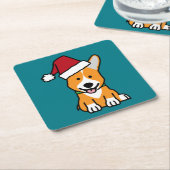 コーギー犬の子犬のペンブロークのウェールズのクリスマスのサンタの帽子 スクエアペーパーコースター (アングル)
