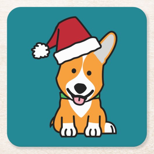 コーギー犬の子犬のペンブロークのウェールズのクリスマスのサンタの帽子 スクエアペーパーコースター (正面)