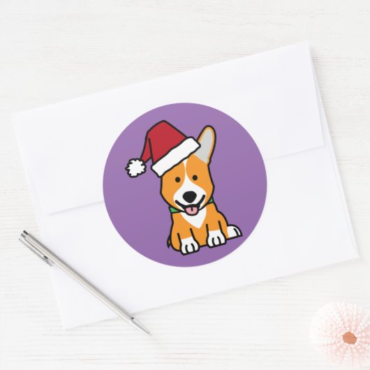コーギー犬の子犬のペンブロークのウェールズのクリスマスのサンタの帽子 ラウンドシール (封筒)