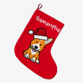 コーギー犬の子犬のペンブロークのウェールズのクリスマスのサンタの帽子 ラージクリスマスストッキング (正面 (吊り時))