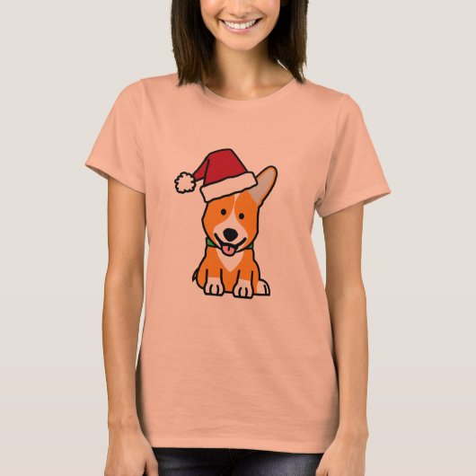 コーギー犬の子犬のペンブロークのウェールズのクリスマスのサンタの帽子 Tシャツ (正面)
