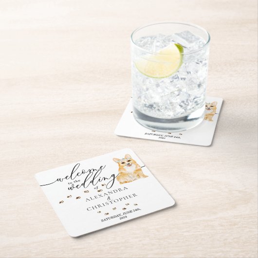 コーギー犬の子犬結婚式へようこそ スクエアペーパーコースター (インサイチュ)
