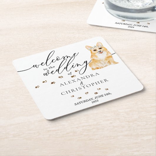 コーギー犬の子犬結婚式へようこそ スクエアペーパーコースター (アングル)