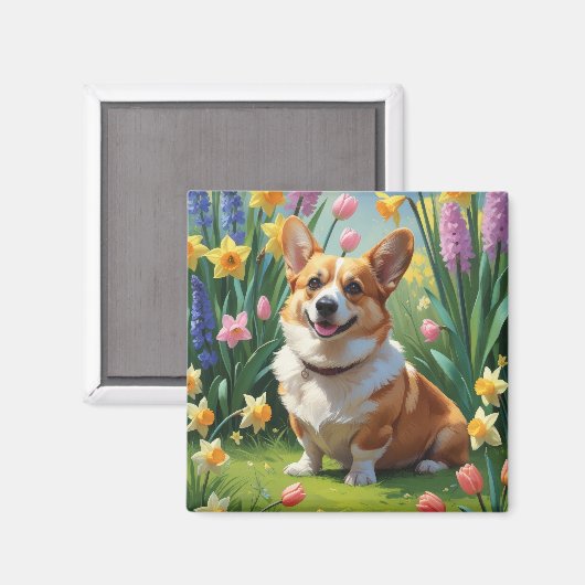 コーギー犬の春の花の絵画 マグネット (正面/裏面)