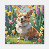 コーギー犬の春の花の絵画 マグネット (正面)