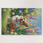 コーギー犬の春の花の絵 ジグソーパズル (横)