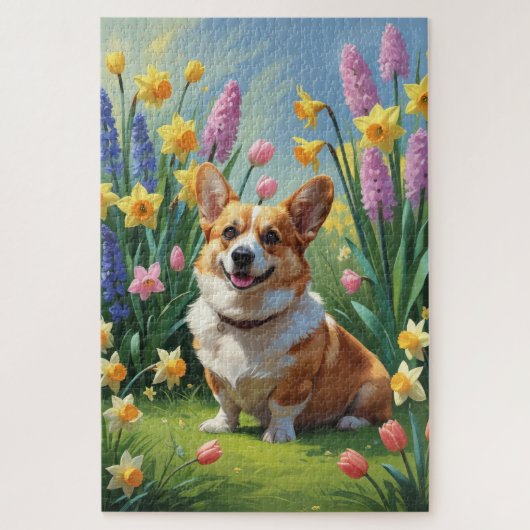 コーギー犬の春の花の絵 ジグソーパズル (縦)