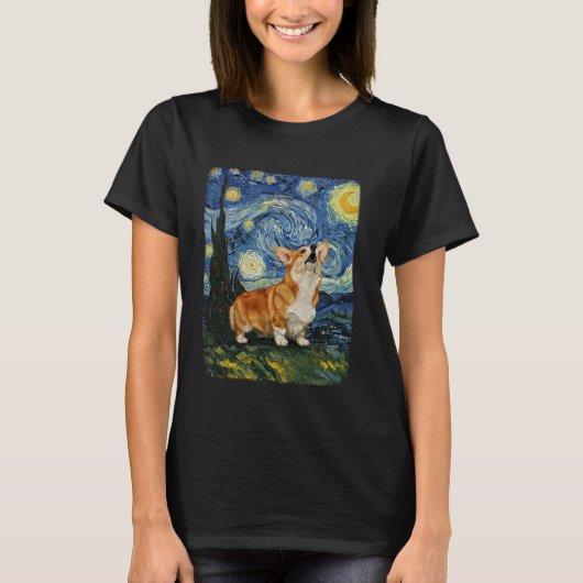 コーギー犬の遠吠え 月 ゴッホの星空 ふざけたデザイン Tシャツ (正面)