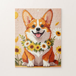 コーギー犬ひまわりの王冠壁画アートデコレーション ジグソーパズル