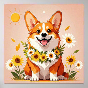 コーギー犬ひまわりの王冠壁画アートデコレーション ポスター