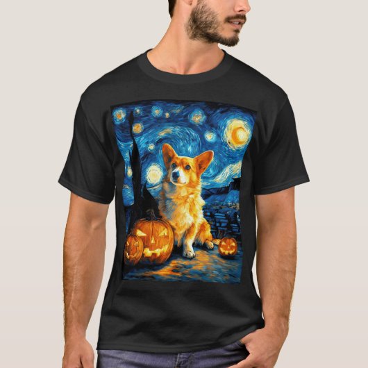 コーギー犬愛好家のためのゴッホの星空の絵 Tシャツ (正面)