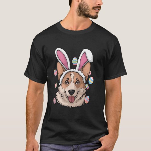 コーギー犬 イースターのウサギ Tシャツ (正面)