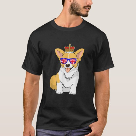 コーギー犬 エリザベス二世 サングラス 英国Cr Tシャツ (正面)