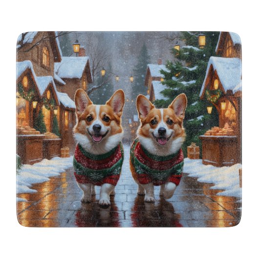 コーギー犬 クリスマス スノー ホリデー カッティングボード (正面)