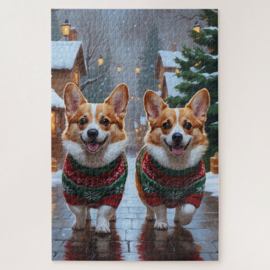 コーギー犬 クリスマス 雪 冬の休日 ジグソーパズル (縦)