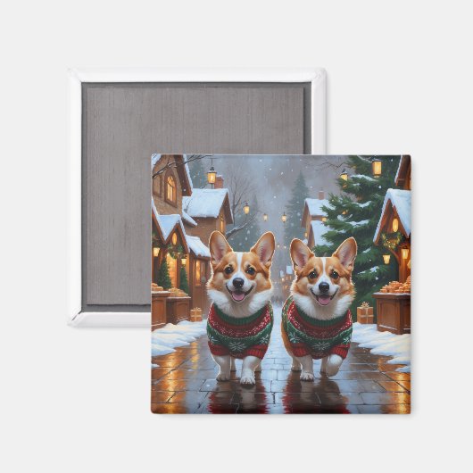 コーギー犬 クリスマス 雪 冬の休日 マグネット (正面/裏面)