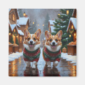 コーギー犬 クリスマス 雪 冬の休日 マグネット (正面)