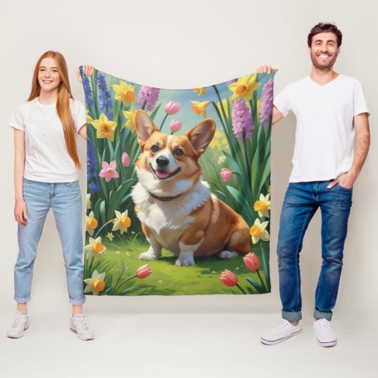 コーギー犬 春の花の絵画 フリースブランケット (インサイチュ)