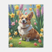 コーギー犬 春の花の絵画 フリースブランケット (正面)