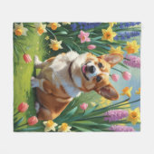 コーギー犬 春の花の絵画 フリースブランケット (正面(横))