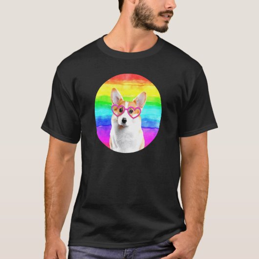 コーギー犬 虹色 ピンク ハート 眼鏡 かわいい 動物 Tシャツ (正面)