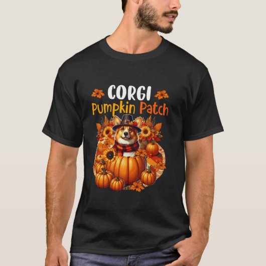 コーギー かわいい パッチ 感謝祭 カボチャ 紅葉 Tシャツ (正面)