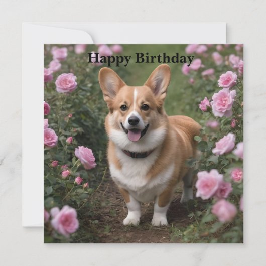 コーギー イン ピンク ローズ、誕生日カード カード (正面)